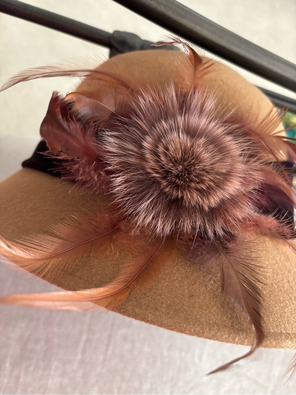 Galliano Sorbatti  Feather Pom Fedora Hat in Tan